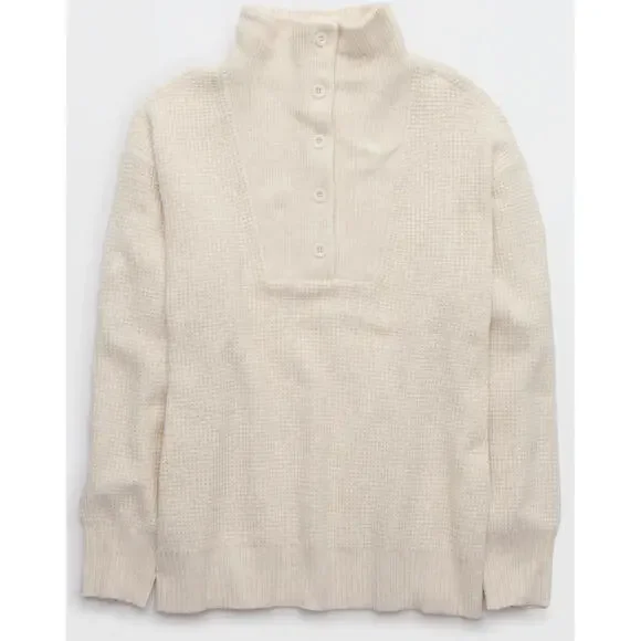 Aerie Beige Cozy Up Oversized Waffle Knit Button Sweater- Size XXL - Picture 2 of 9